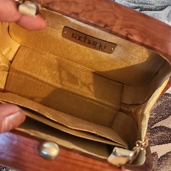 Chic Brown Wood and Blue Lotus Silk Design Clutch From Ranchana - Picture 9 of 10